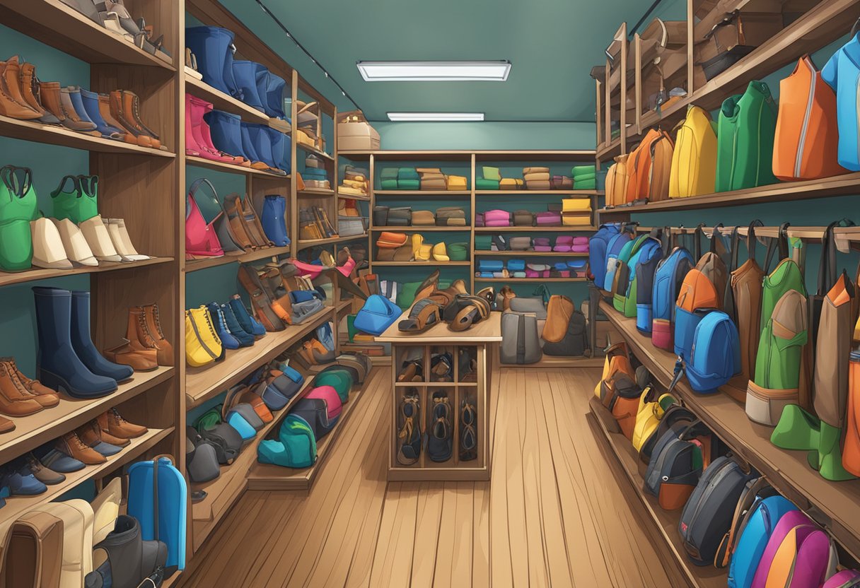 A bustling equestrian supply store filled with colorful hobby horse gear and equipment displayed on shelves and racks