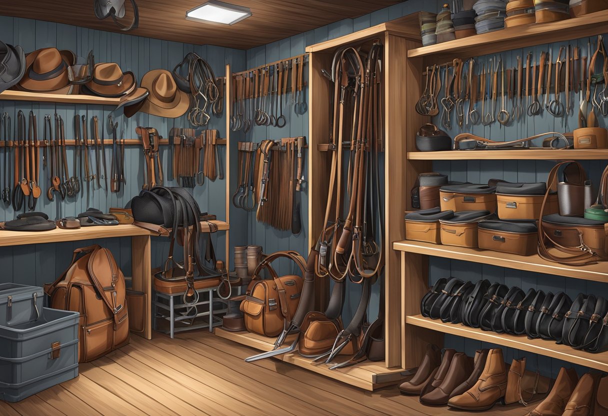 A neatly organized storage area filled with well-maintained hobby horsing equipment including bridles, saddles, and grooming tools