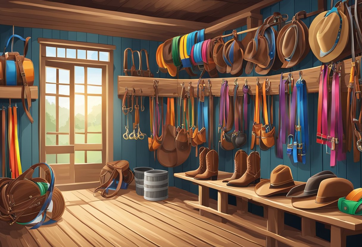 A colorful array of hobby horsing equipment neatly arranged in a stable setting. Bright saddles, bridles, and ribbons adorn the scene